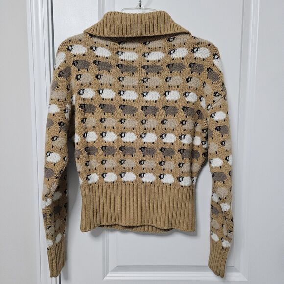 Zara Jacquard Sweater Women's Medium Tan White Gray Lamb Print Collar Neck EUC - Picture 7 of 7